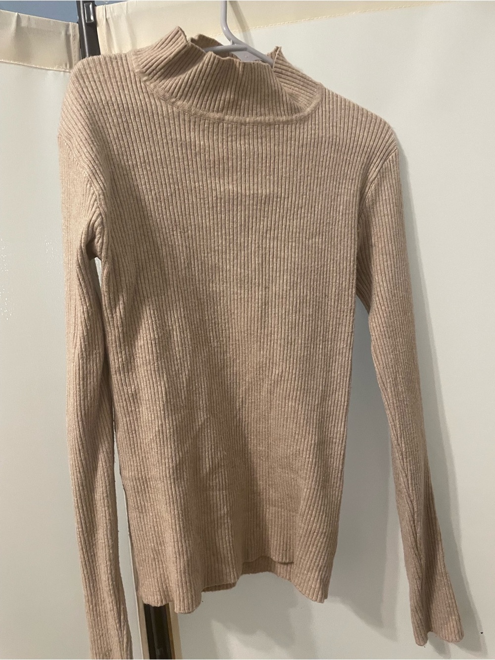 Beige Ribbed Mock Neck Women's Sweater